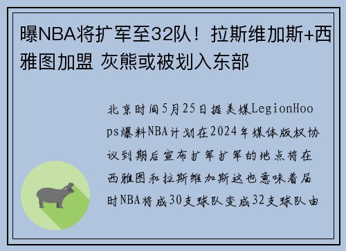 曝NBA将扩军至32队！拉斯维加斯+西雅图加盟 灰熊或被划入东部